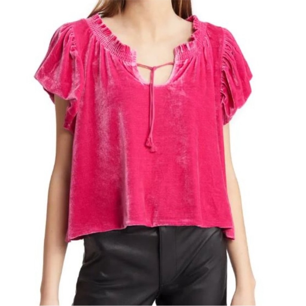 Free People Fuchsia Crop Top Terese Velvet Shorts Puff Sleeve Keyhole Tie Neck - Picture 7 of 16